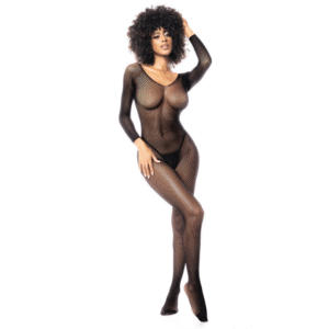 Langarmige Visnet Bodystocking - Één maat - Zwart