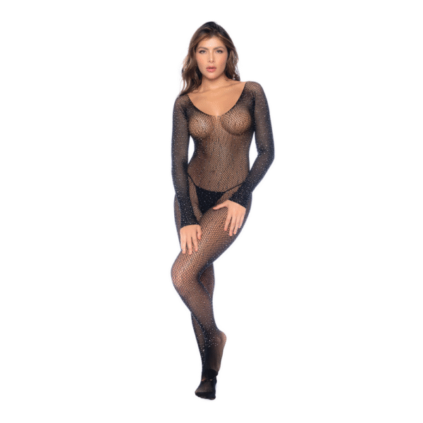 Langarm Fischernetz Strass Bodystocking - Einheitsgröße - Zwart/Strass - Afbeelding 3