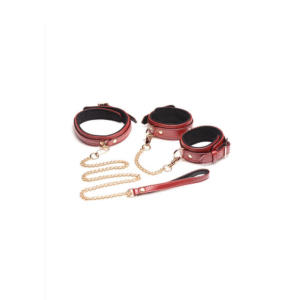 6-delige bordeaux bondage set met cuffs, halsband en riem