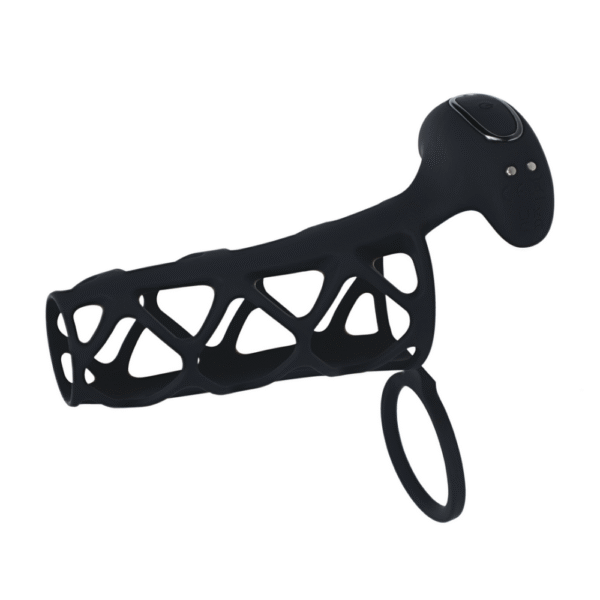 Vibrerende Kooi Silicone Penis Huls en Balring - Zwart