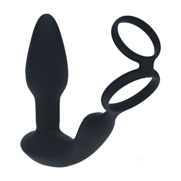 Dual Vibrating Remote Rotating Beads Silicone Prostate Stimulator with Cock and Ball Ring - Black