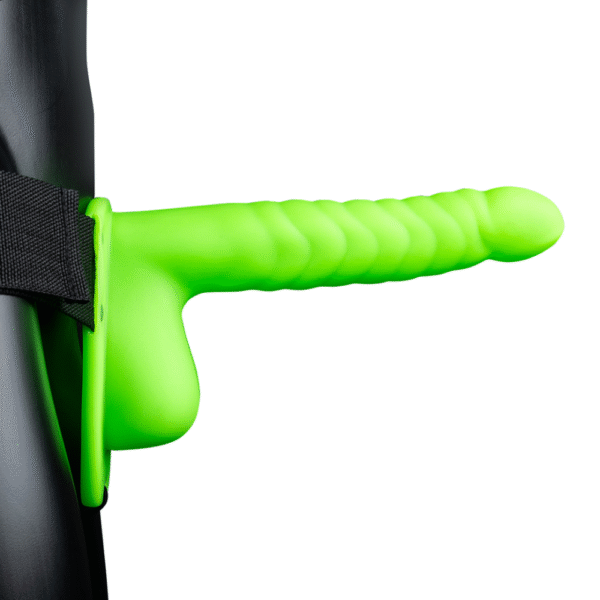 Glow in the Dark Ribbed Hollow Strap-On met Ballen - 8 / 21 cm - Neon Groen - Afbeelding 4