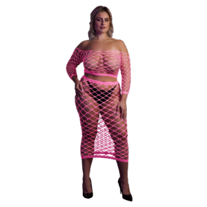 Langemouwen Crop Top en Lange Rok - Plus Size - Neon Roze