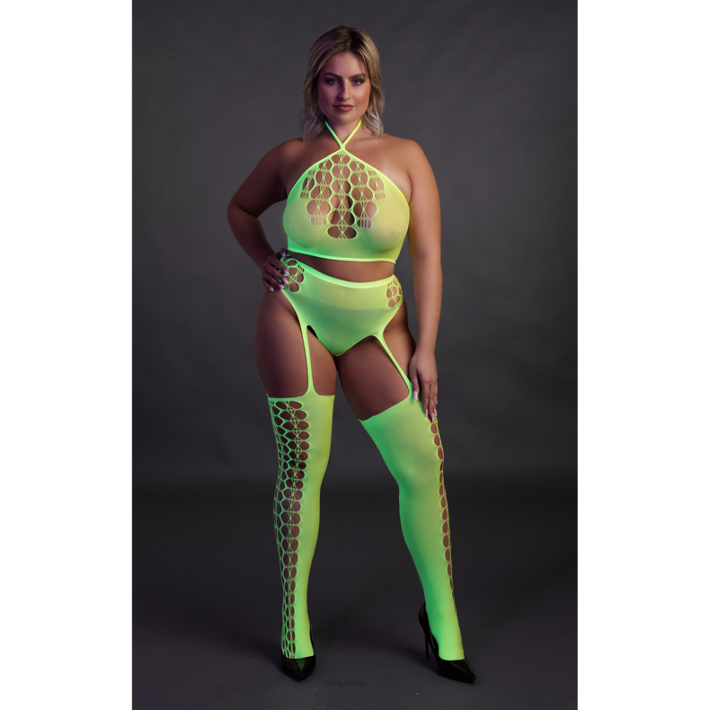 Twee-delige set met crop top en kousen - Plus Size - Neon Groen - Afbeelding 4