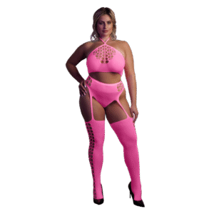 Twee Delige Set met Crop Top en Kousen - Plus Size - Neon Roze