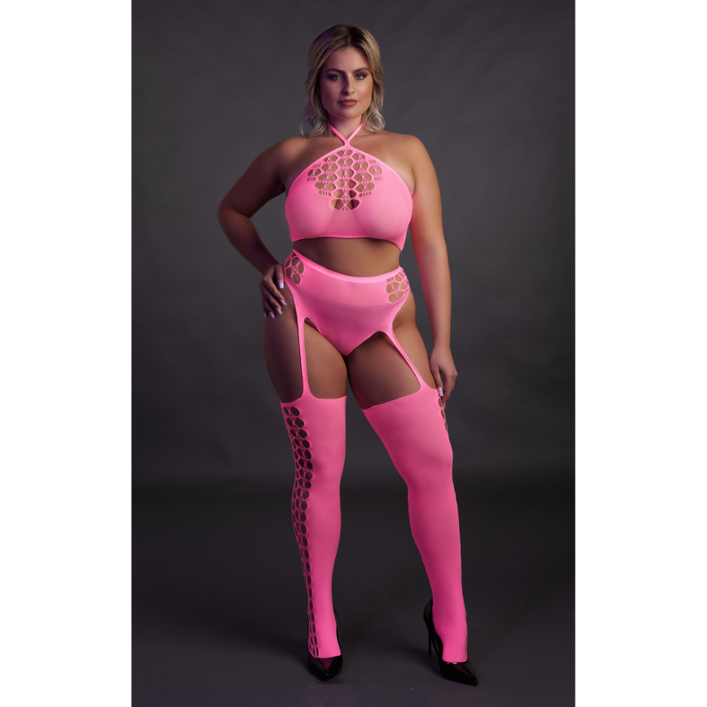 Twee Delige Set met Crop Top en Kousen - Plus Size - Neon Roze - Afbeelding 4