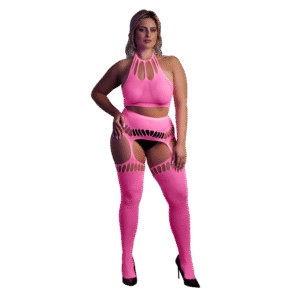 Twee-delige set met crop top en kousen - Plus Size - Neon Roze