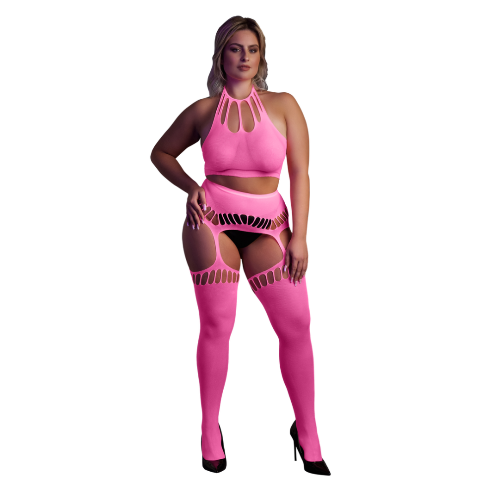 Twee-delige set met crop top en kousen - Plus Size - Neon Roze