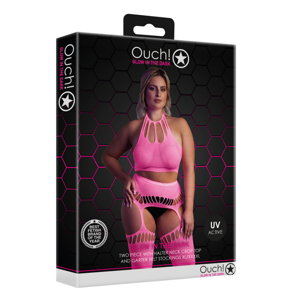 Twee-delige set met crop top en kousen - Plus Size - Neon Roze - Afbeelding 2