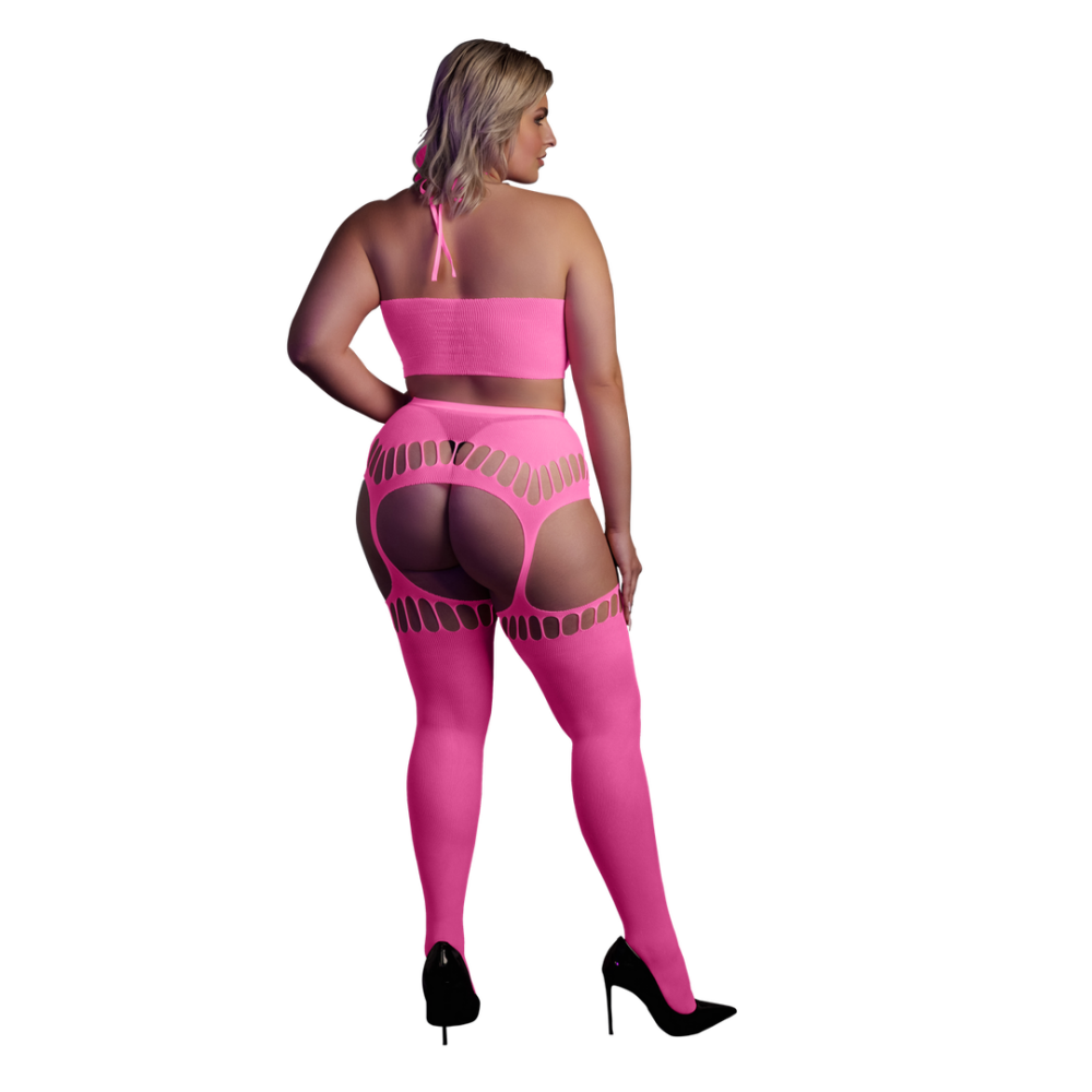 Twee-delige set met crop top en kousen - Plus Size - Neon Roze - Afbeelding 3