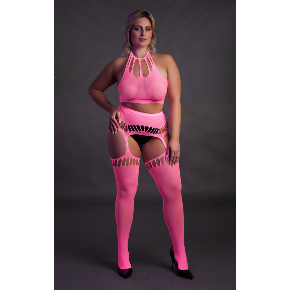 Twee-delige set met crop top en kousen - Plus Size - Neon Roze - Afbeelding 4