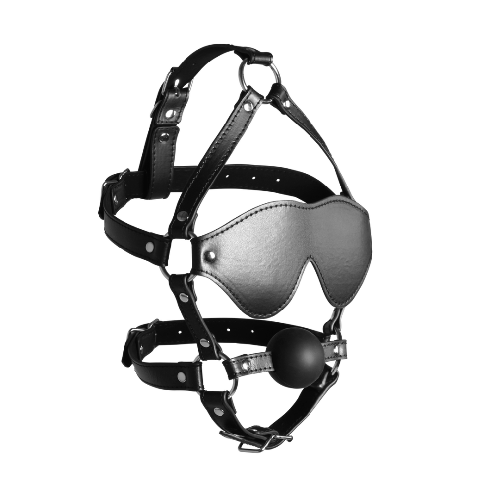 Blindfolded Head Harness met Solid Ball Gag - Zwart - Afbeelding 4