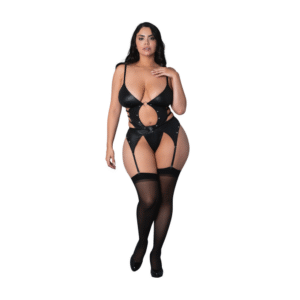 Kira - Open Front Basque met Kousenbanden en String - 2X - Zwart