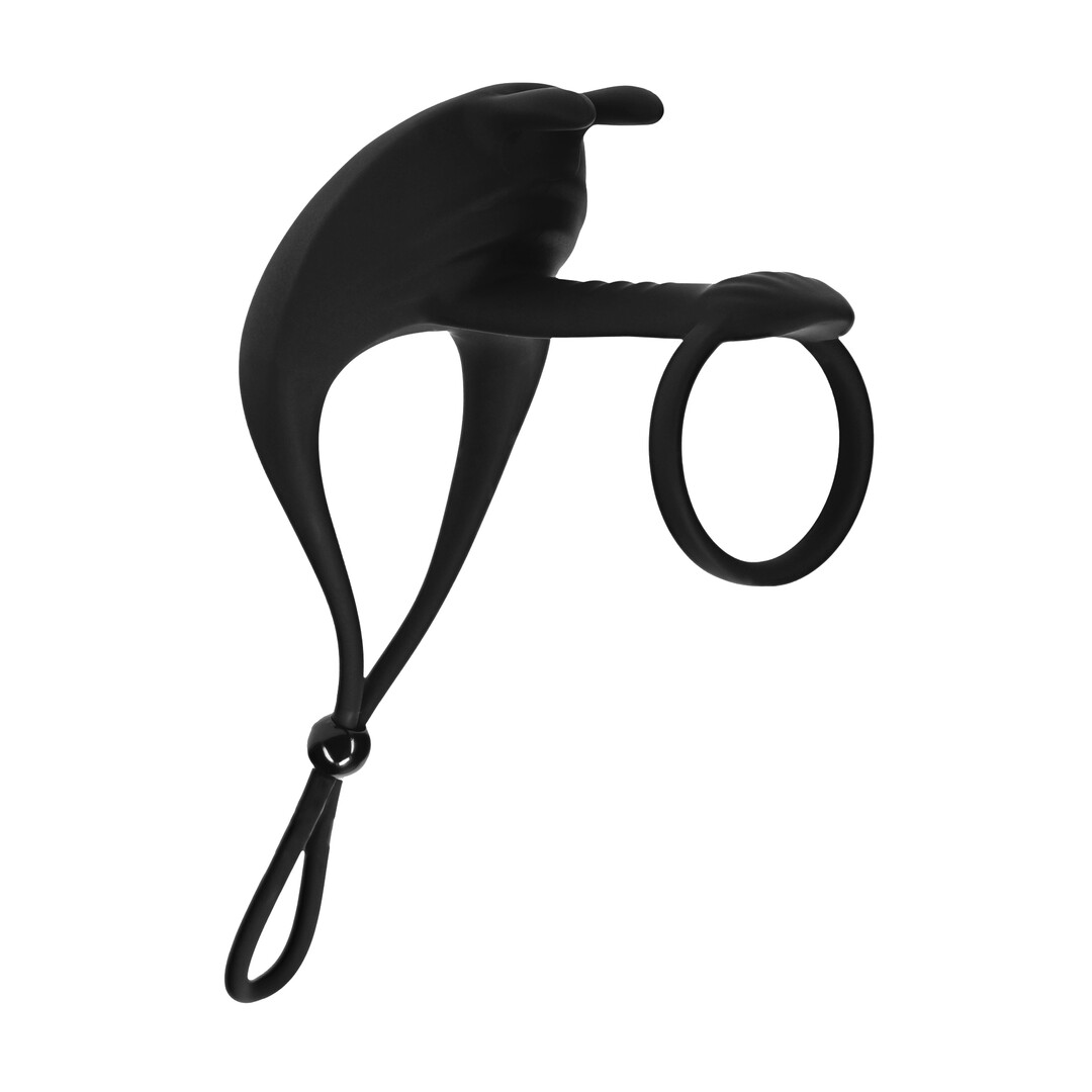 Verstelbare Bunny Vibrerende Siliconen Lasso Cockring en Schachtlus - Zwart - Afbeelding 4